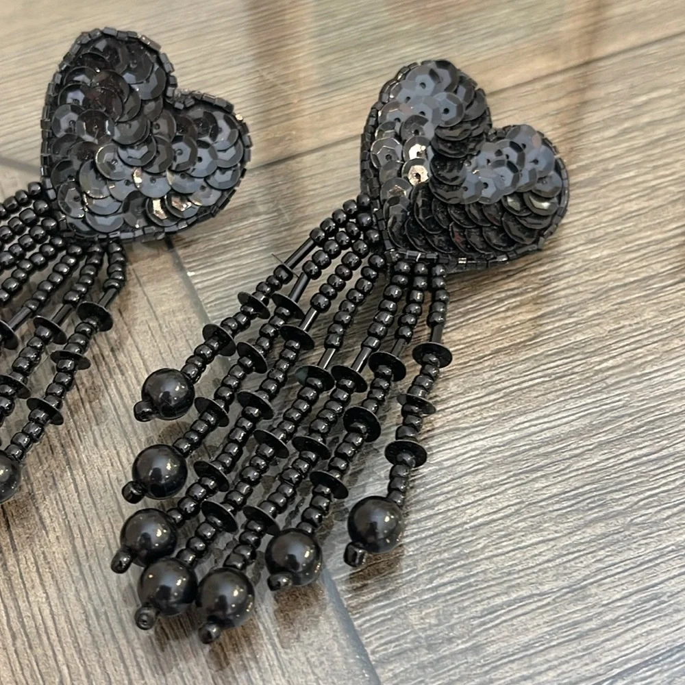 Vintage 80’s Black Sequin & Beaded Heart Clip Earrings